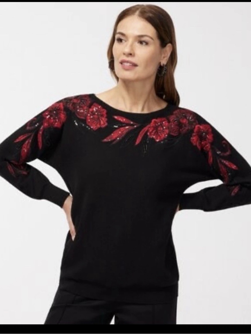 STUNNING Chico's Sweater Black Red Floral Embroidered Christmas Holiday 4 US XXL